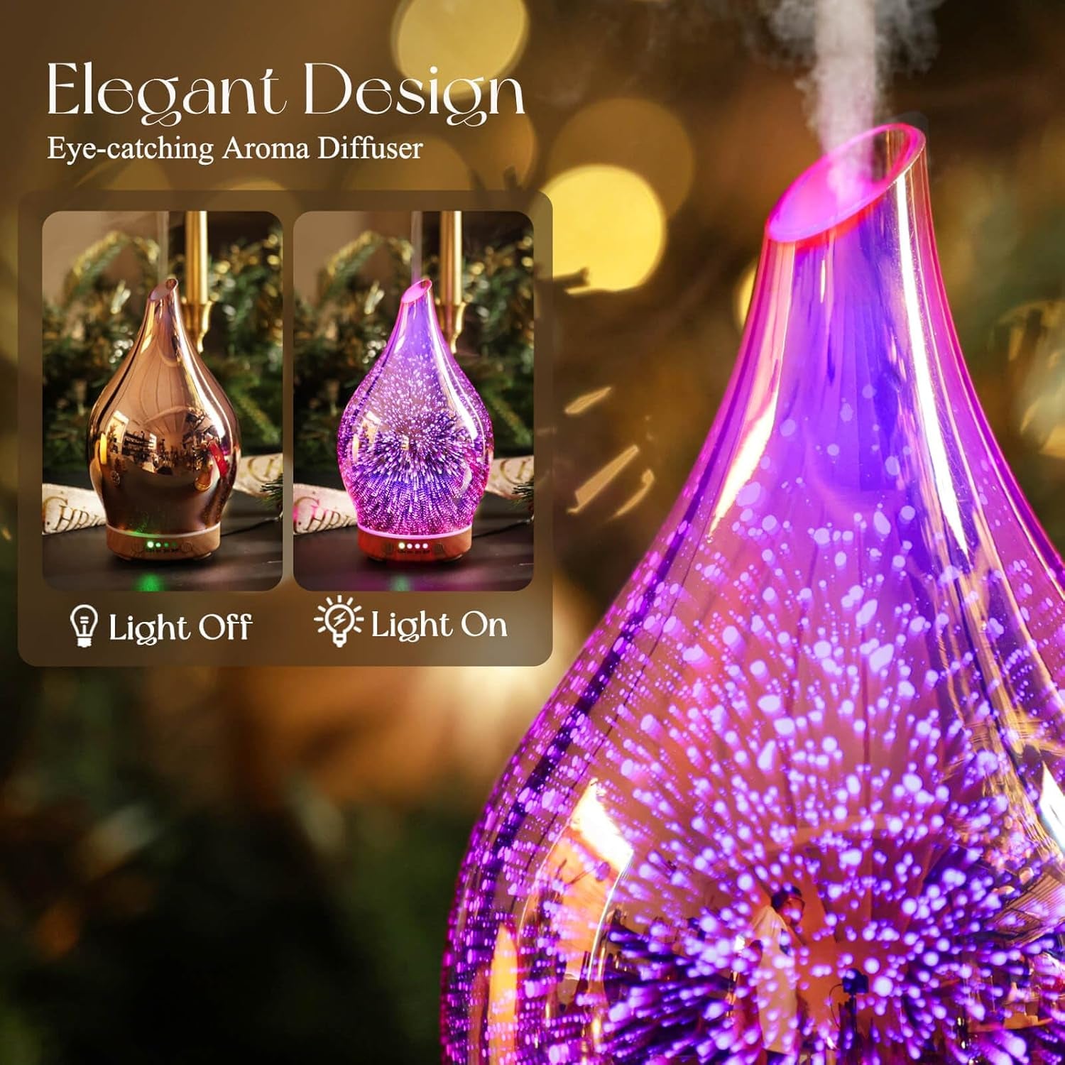 Essential Oil Diffuser 3D Firework Glass Aromatherapy Ultrasonic Humidifier Rose Gold, Auto Shut-Off, Timer Setting, BPA Free, Aroma Decoration for Home, Office, Gym, Spa, Premium Gift 150Ml