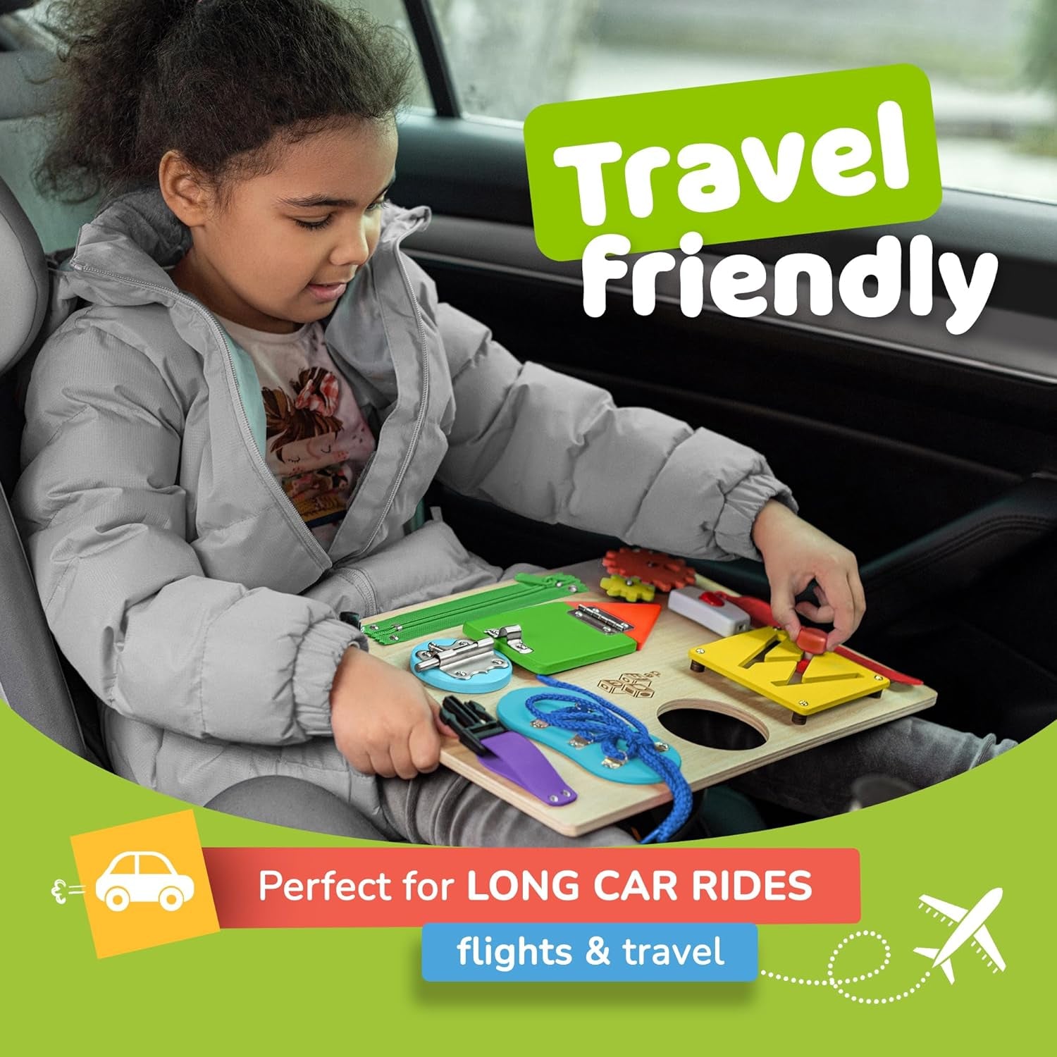 Sensory Busy Board for Toddlers, Premium Wooden Toddler Busy Board for 1 2 3 Year Old with 10 Educational Activities for Fine Motor Skills, Fidget Activity Toy for Travel