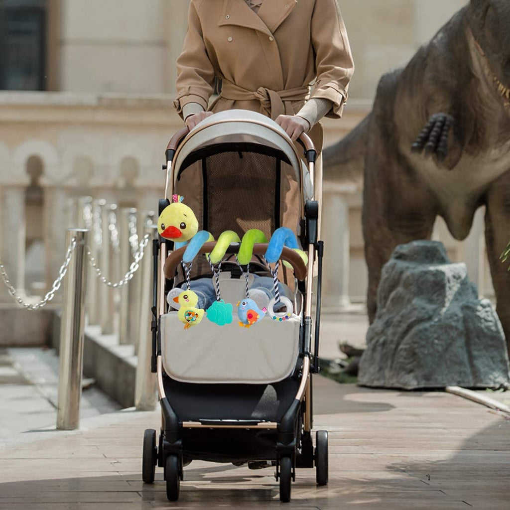 Baby Car Seat Toys, Activity Spiral Hangings Pram Toys, Plush Crib Toys with Squeaky for Boy or Girl (Duck)