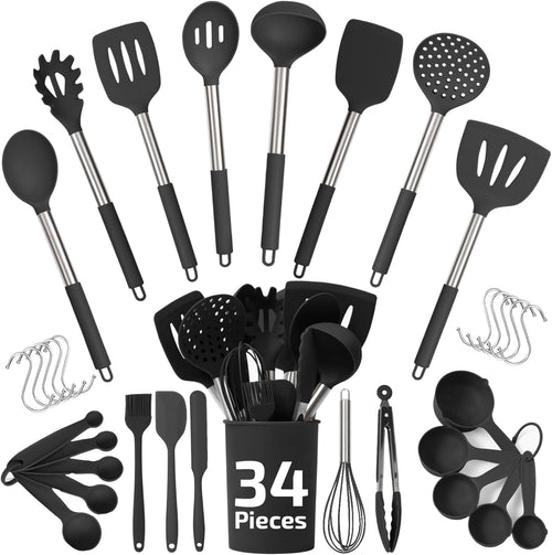 450°F Heat Resistant Silicone Kitchen Utensils Set - 34 Pieces Black Cooking Utensils-Set for Nonstick Cookware - Silicone Spatulas Set, Stainless Steel Handle & Other Kitchen Accessories