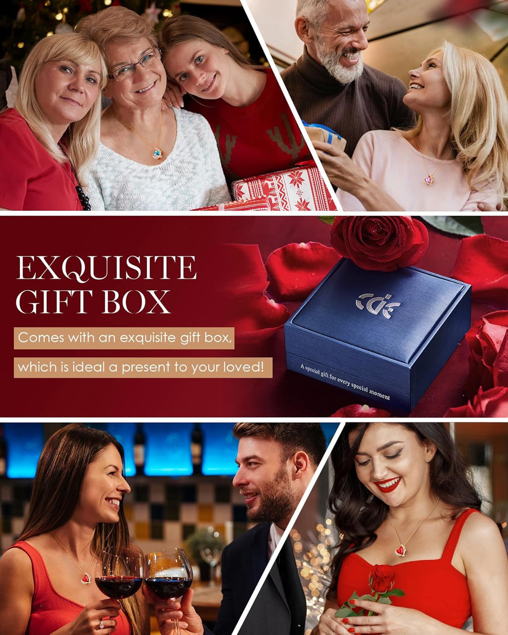 Christmas Gifts for Women，Love Heart Pendant Necklaces for Women, Silver Tone Rose Gold Tone Birthstone Jewelry Gifts for Wife Her