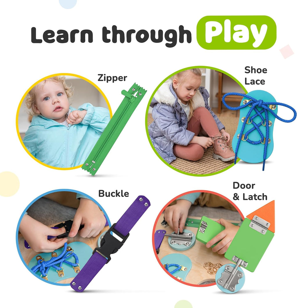 Sensory Busy Board for Toddlers, Premium Wooden Toddler Busy Board for 1 2 3 Year Old with 10 Educational Activities for Fine Motor Skills, Fidget Activity Toy for Travel