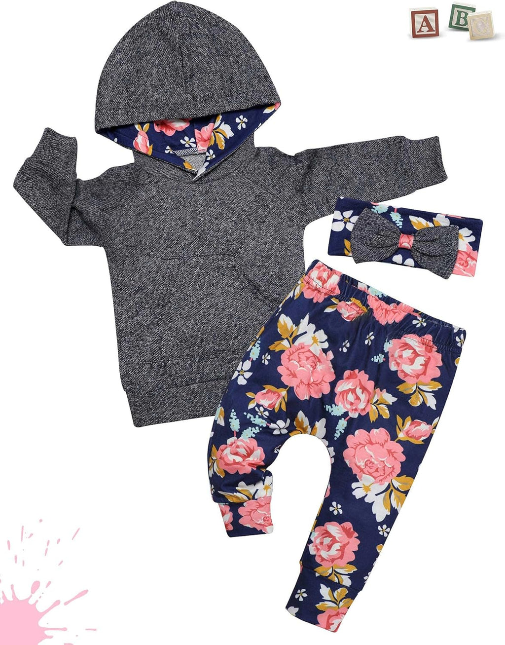 Toddler Baby Girl Clothes Baby Girl Hoodie Infant Baby Girl Outfits + Floral Pants 3PC Set 2-3 T