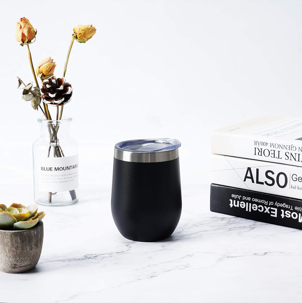 4 Pack 12Oz Stainless Steel Stemless Wine Glasses, Insulated Wine Tumbler, Stainless Steel Wine Tumbler Cups with Lids and Straws for Coffee, Cocktails, Wine, Champaign, Black…