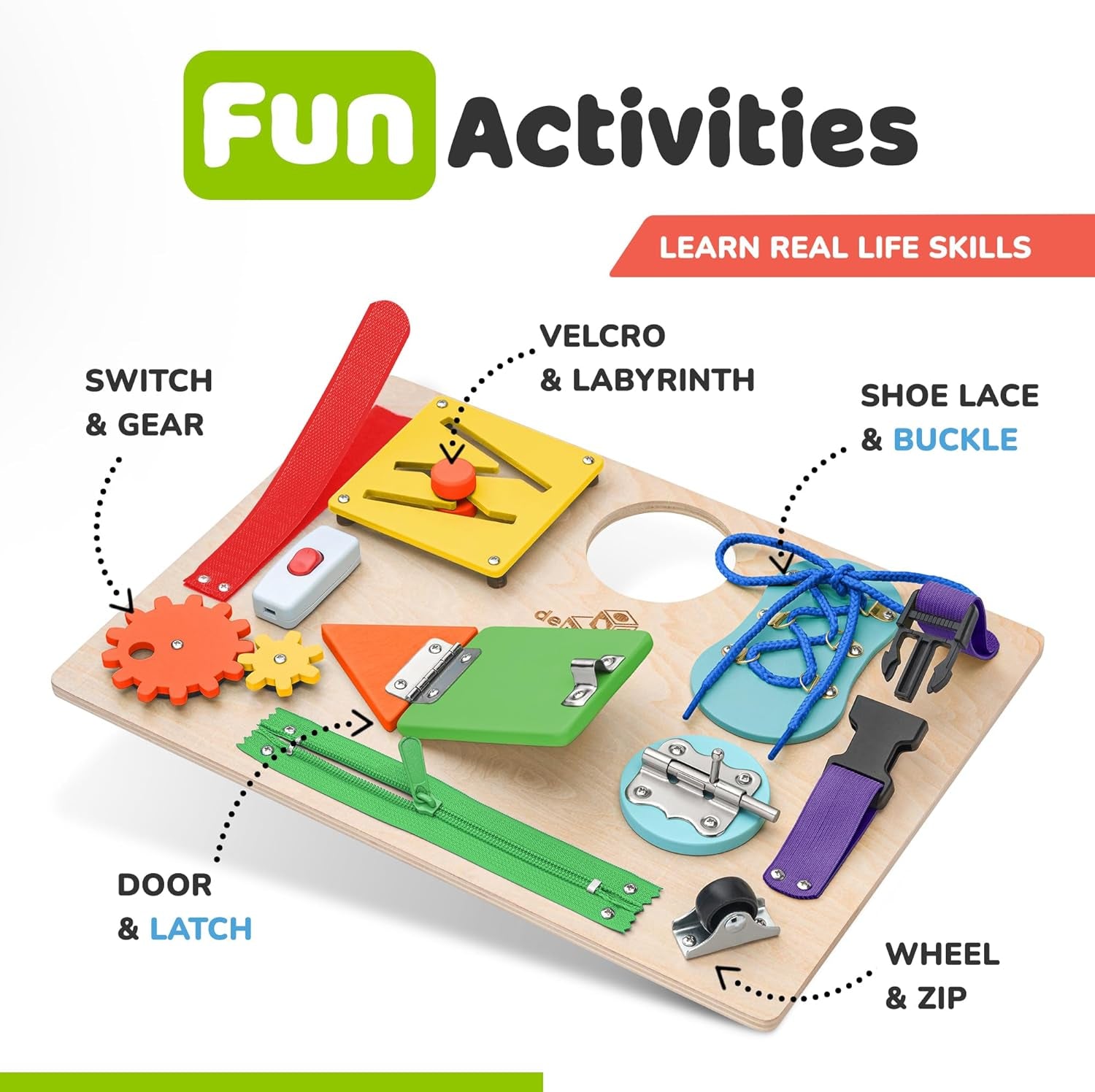 Sensory Busy Board for Toddlers, Premium Wooden Toddler Busy Board for 1 2 3 Year Old with 10 Educational Activities for Fine Motor Skills, Fidget Activity Toy for Travel