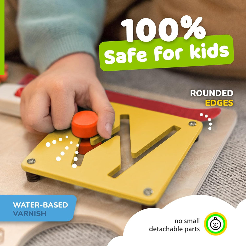 Sensory Busy Board for Toddlers, Premium Wooden Toddler Busy Board for 1 2 3 Year Old with 10 Educational Activities for Fine Motor Skills, Fidget Activity Toy for Travel