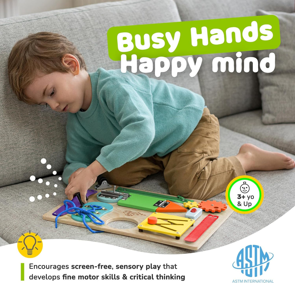 Sensory Busy Board for Toddlers, Premium Wooden Toddler Busy Board for 1 2 3 Year Old with 10 Educational Activities for Fine Motor Skills, Fidget Activity Toy for Travel