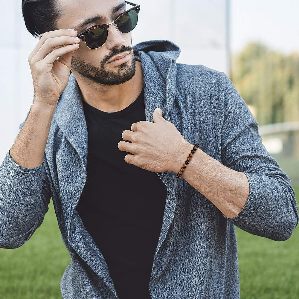 Beaded Bracelets for Mens Gifts - Natural Stone 8Mm Tiger Eye Matte Agate Lava Rock Bracelets for Men Teen Boys Birthday Anniversary Christmas Gifts for Men Teens Grandpa