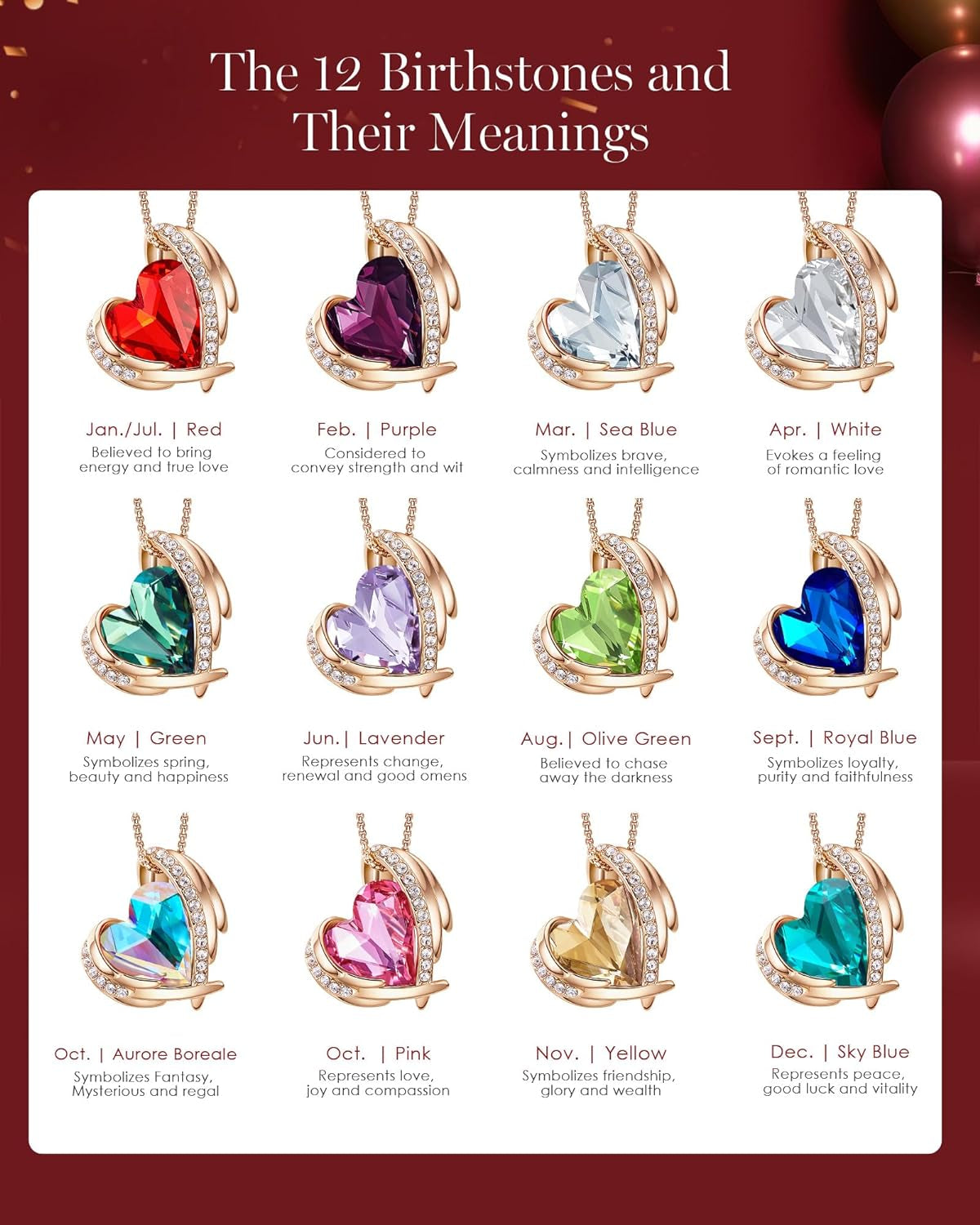 Christmas Gifts for Women，Love Heart Pendant Necklaces for Women, Silver Tone Rose Gold Tone Birthstone Jewelry Gifts for Wife Her