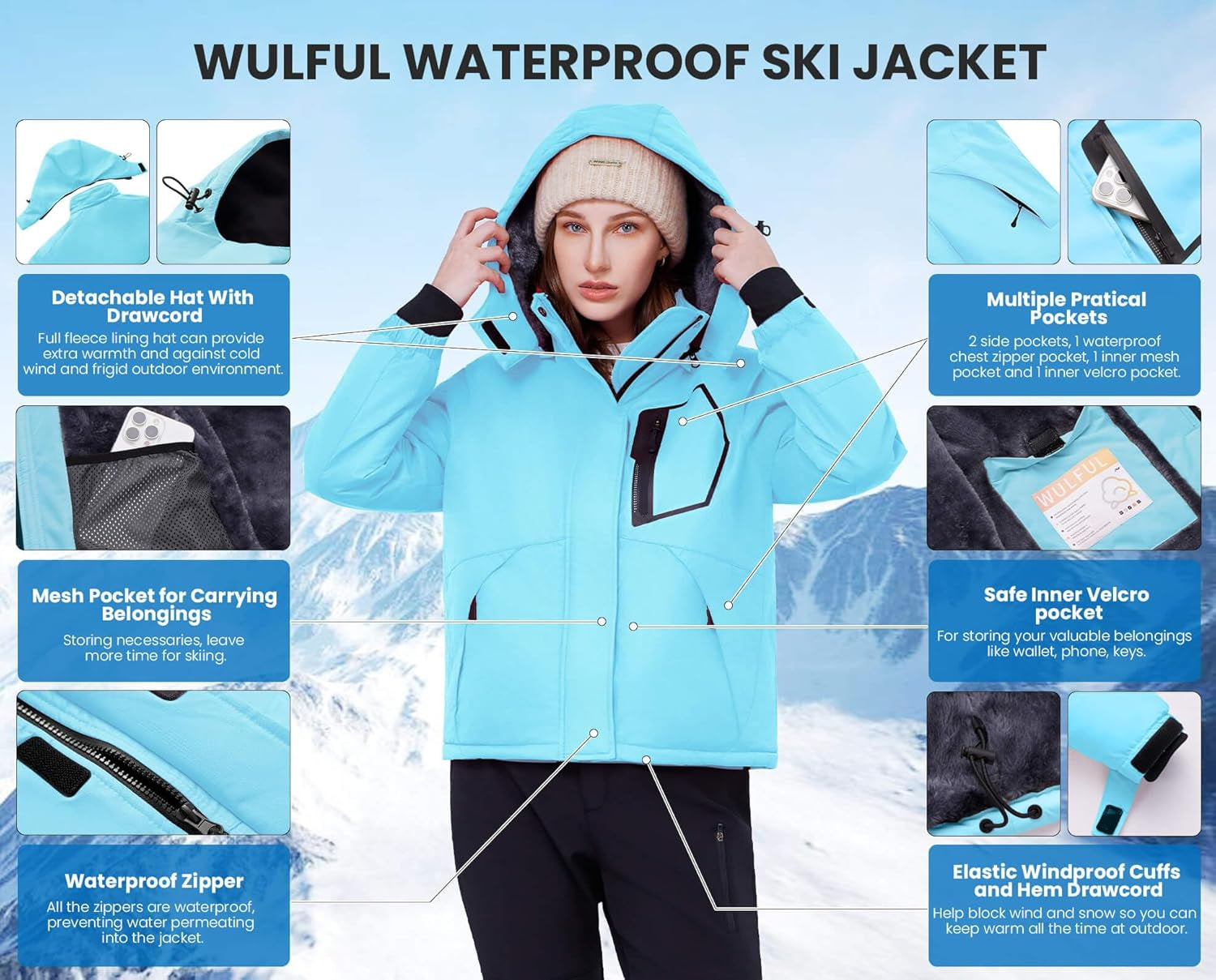 Women'S Waterproof Ski Jacket Warm Winter Coats Windproof Winter Jackets for Women Fleece Lined Windbreaker with Hood