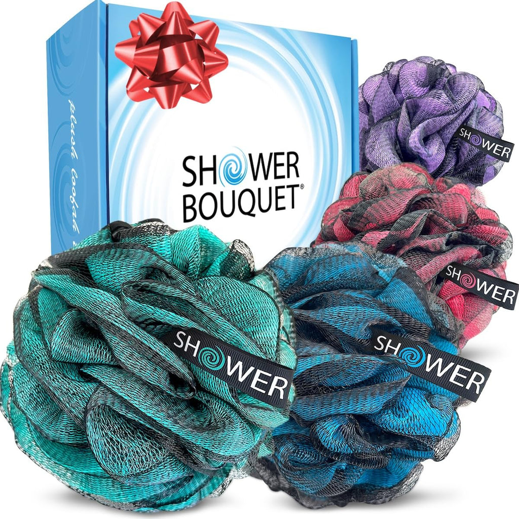 Loofah-Charcoal Bath-Sponge Xl-Color-4-Pack // Extra Large 75G Soft Mesh Black Luffa Loofa Loufa Puff Set/Exfoliating Body Scrubber for Women and Men - Exfoliate & Soothe Face & Body