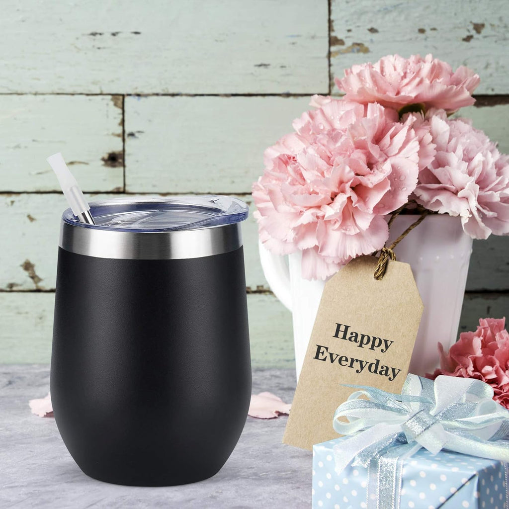 4 Pack 12Oz Stainless Steel Stemless Wine Glasses, Insulated Wine Tumbler, Stainless Steel Wine Tumbler Cups with Lids and Straws for Coffee, Cocktails, Wine, Champaign, Black…