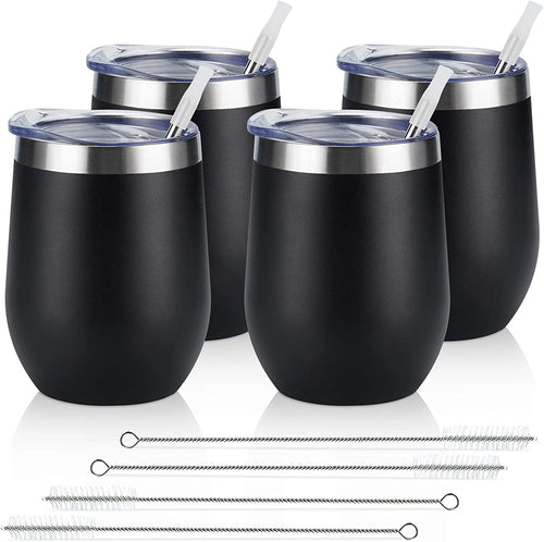 4 Pack 12Oz Stainless Steel Stemless Wine Glasses, Insulated Wine Tumbler, Stainless Steel Wine Tumbler Cups with Lids and Straws for Coffee, Cocktails, Wine, Champaign, Black…