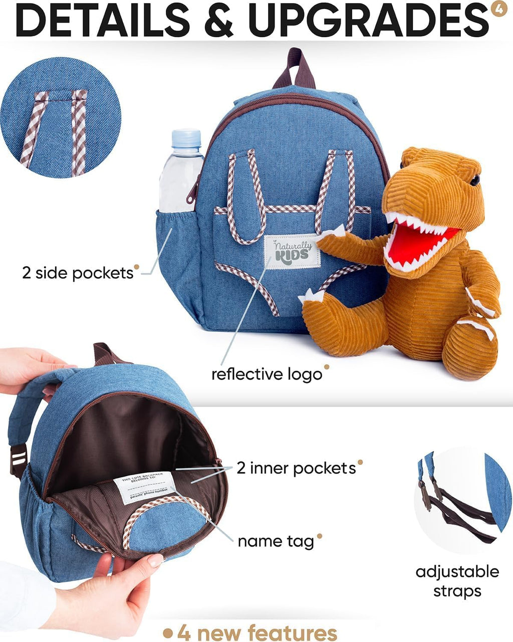 【Upgraded】 Toddler Backpack with Detachable Dinosaur Toy for Boys | Side & Inner Pockets, Reflective Logo | Dinosaur Backpack for Kids 3-5