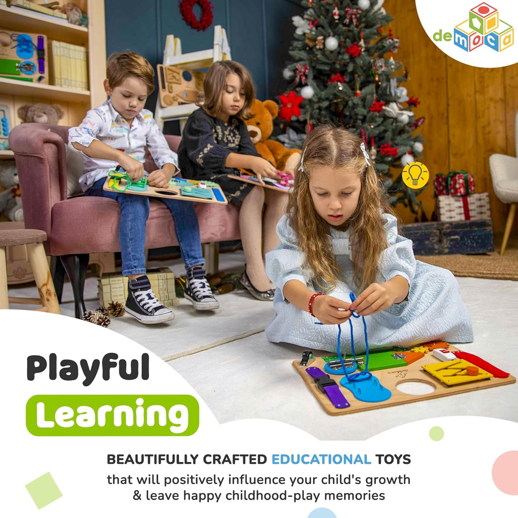 Sensory Busy Board for Toddlers, Premium Wooden Toddler Busy Board for 1 2 3 Year Old with 10 Educational Activities for Fine Motor Skills, Fidget Activity Toy for Travel