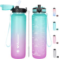 Water Bottle with Time Marker 32 Oz, Motivational Water Bottle with Straw,Two Lids(Chug Lid/Straw Lid),Fruit Strainer-Leakproof Tritan BPA Free Sports Water Bottle for Fitness 1000Ml(Green-Purple)