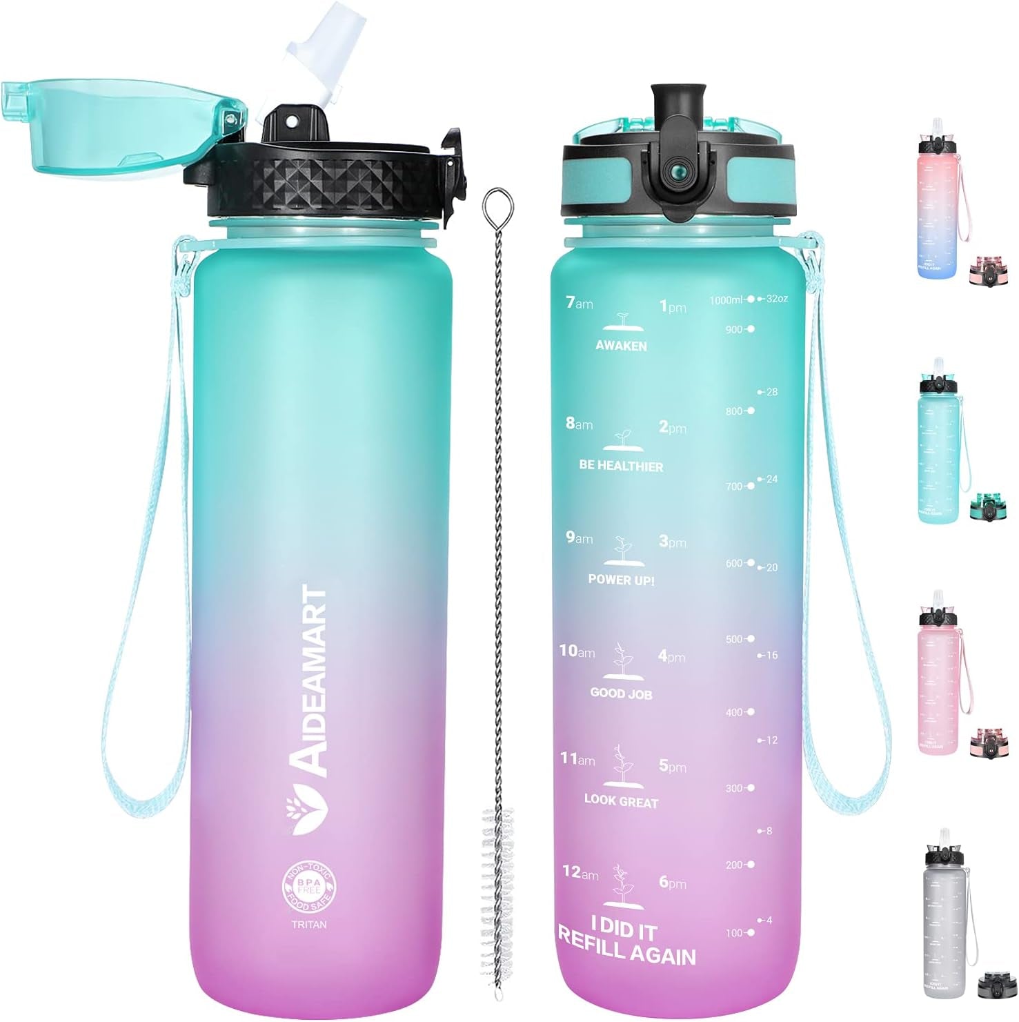 Water Bottle with Time Marker 32 Oz, Motivational Water Bottle with Straw,Two Lids(Chug Lid/Straw Lid),Fruit Strainer-Leakproof Tritan BPA Free Sports Water Bottle for Fitness 1000Ml(Green-Purple)