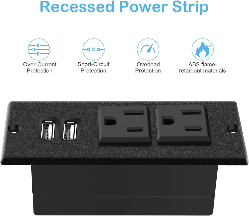 Recessed Power Strip, Black Desktop Power Grommet Socket with Furniture, 2 AC Outlets & 2 USB Ports for Conference Desk, Kitchen, Office, Home, Hotel