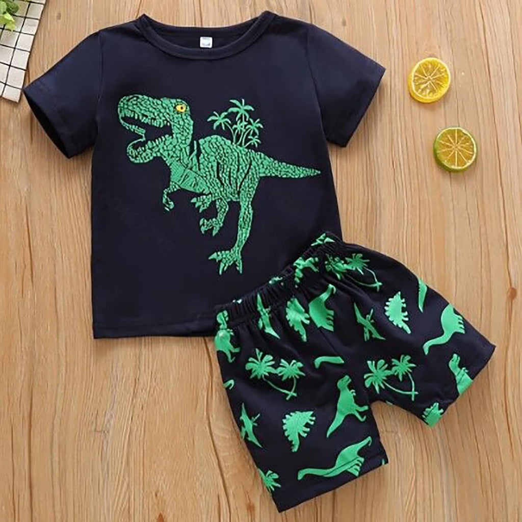 2023 Toddler Kids Boys Summer Short Sleeve Dinosaur T Shirts Tops Shorts Outfits Clothes Set 2 to 7 (1-Green, 7 Years)