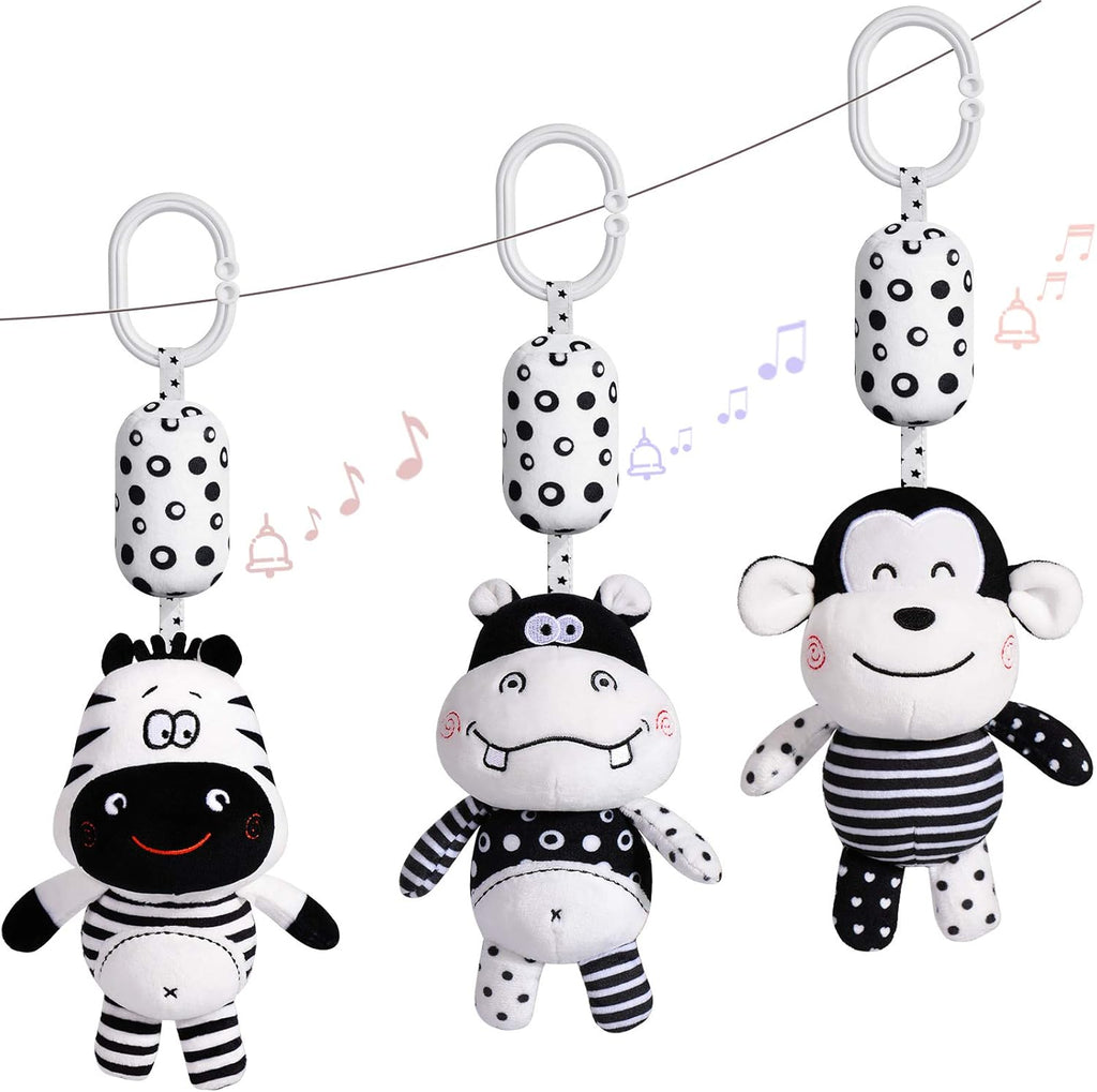 Baby Toy Cartoon Animal Stuffed Hanging Rattle Toys, Baby Bed Crib Car Seat Travel Stroller Soft Plush Toys with Wind Chimes, Best Birthday Gift for Newborn 0-18 Month (Monkey, Zebra & Hippo)