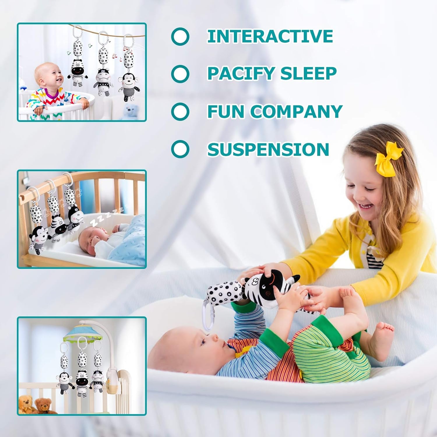 Baby Toy Cartoon Animal Stuffed Hanging Rattle Toys, Baby Bed Crib Car Seat Travel Stroller Soft Plush Toys with Wind Chimes, Best Birthday Gift for Newborn 0-18 Month (Monkey, Zebra & Hippo)